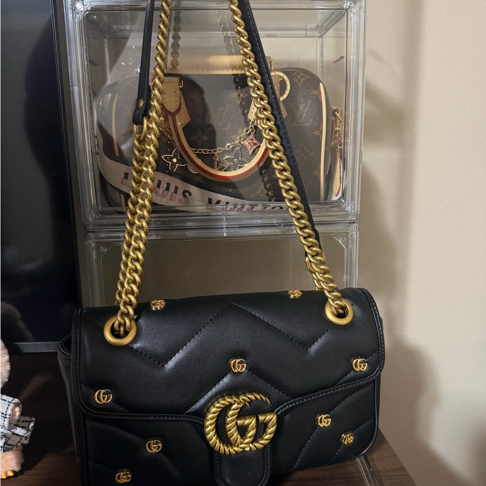 Black Quilted Chain Shoulder Bag with Gold Hardware